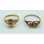 A 9ct gold ring set with a diamond and another 9ct gold ring, 4.
