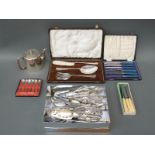 A quantity of cased and loose plated cutlery including a Walker & Hall serving set,