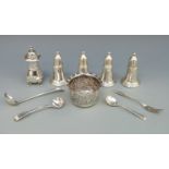A set of four white metal peppers marked Empire Sterling, Edward VII hallmarked silver bowl,
