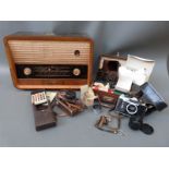 His Masters Voice vintage radio, collection of cameras and accessories including Zenit E,