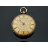 An 18ct gold cased Victorian ladies fob watch with engraved foliate decoration,