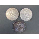 Three Queen Victoria old head crowns LVI 1893, LX 1896 and LXI 1897,