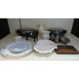 A Belleek vase and jug, Poole pottery plates, olive wood Holy Land pressed flower book,