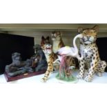 Five Italian big cat, dog and flamingo figures,