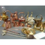A copper kettle, jug, pans, candlesticks,