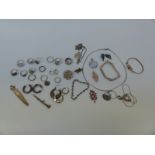 Nine silver rings, two silver bracelets, silver pendants including rose quartz, silver earrings,