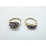 A 9ct gold ring set with tanzanite and diamonds and another similar ring, size P and O, 5.