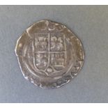 Spanish colonial silver hammered Reale cob coin with pillars and woven design,