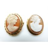 A 9ct gold brooch/ pendant set with a cameo and a 9ct gold brooch set with a cameo