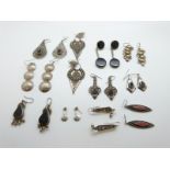 A collection of Indian silver earrings and silver earrings marked Mexico,