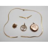 A 9ct gold ribbon necklace, a 9ct gold chain and pendant, a 9ct gold pendant (4.