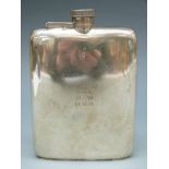 A George V hallmarked silver hip flask with bayonet cap and marked Rd No 649007,