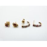 A pair of 9ct gold earrings set with a ruby and cubic zirconia to each and a another pair of 9ct