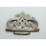 A Victorian hallmarked silver nurse's buckle, Birmingham 1898 maker's mark obscured, weight 26g, 3.