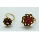 An early Victorian gold filigree earring and a similar example set with coral