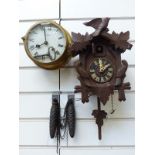 Shatz mid-20thC brass bulkhead / ship's clock, the white painted Roman dial with spade hands,
