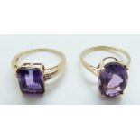 A 9ct gold ring set with an oval amethyst and a 9ct gold ring set with an amethyst and diamonds,