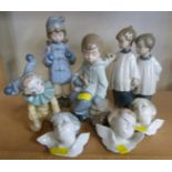 Seven Nao and Lladro figures including three putti or cherubs and a jester