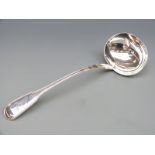 A 19thC Fiddle and Thread pattern white metal ladle, marks indistinct, possibly over stamped,