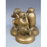 Three brass monkeys on trefoil base, see no evil, hear no evil, speak no evil, height 12.