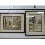 A pair of framed embroideries of landscape scenes