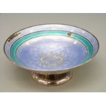 A George V hallmarked silver and guilloché enamel miniature pedestal bowl or tazza,