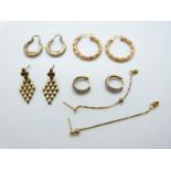 Five pairs of 9ct gold earrings including hoops set with diamonds, textured hoops etc, 8.