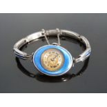 Gruen Watch Co silver ladies wristwatch with black Roman numerals, engraved gold face,