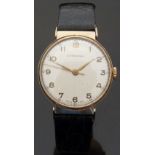 Longines 9ct gold gentleman's wristwatch with gold hands and Arabic numerals,
