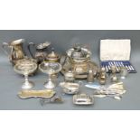 A collection of plated ware including salvers, teaware, cased cutlery, candle wick trimmer,