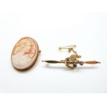 A 9ct gold cameo brooch and a 9ct gold Victorian brooch set with amethysts