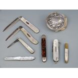 Four hallmarked silver fruit knives with mother of pearl handles,