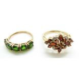 A 9ct gold ring set with garnets and diamonds (size P) and another 9ct gold ring set with diopside,