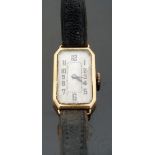 J W Benson 18ct gold ladies wristwatch with black hand and Arabic numerals, silver face,