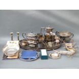 A collection of plated ware including a large galleried tray, Hukin & Heath hot water pot, tankards,