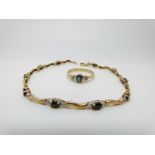 A 9ct gold tennis bracelet set with alternating sapphires and diamonds and a 9ct gold ring set with