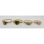 Four 9ct gold rings including diamond and garnet set, 3.