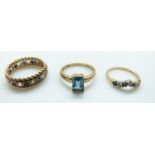 Three 9ct gold rings, one set with diamonds and sapphires, 5.