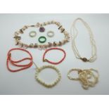 A jadeite ring, brooch set with an uncut amethyst, three strand pearl necklace, coral necklace,