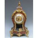 French 19thC mantel clock with Boulle work decoration to front of ebonised balloon style case,