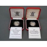 Two cased Royal Mint UK silver proof Piedfort £1 coins, one for 1993,