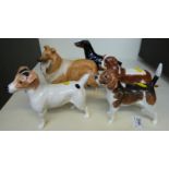 Five large Beswick dog figures including Cavalier King Charles spaniel, matt Collie, Jack Russell,