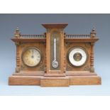 A German made Edwardian beechwood cased clock, barometer and thermometer compendium,