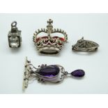 A hallmarked silver brooch in the form of a crown set with red enamel and marcasite,