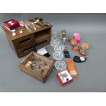 Assorted costume jewellery, purfume bottles, wooden drawers,