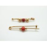 Two 18ct gold brooches set with coral beads, 4.