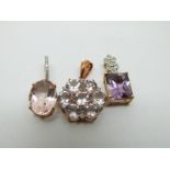 Two 9ct gold pendants set with morganite and diamonds and a 9ct gold pendant set with an amethyst