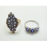 A 14k white gold ring set with tanzanite and diamonds and another similar ring, size P and O/P, 7.