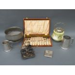 A cased set of fish knives and forks, egg set, pewter,