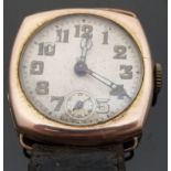 Military style 9ct gold gentleman's wristwatch with subsidiary seconds dial, pierced hands,